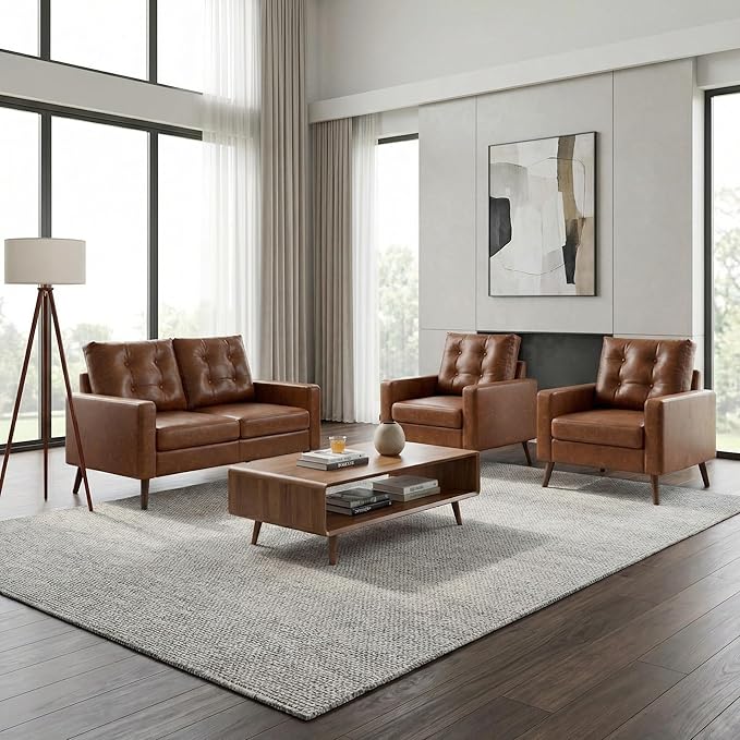 Wahson Accent Chairs Set of 2, Faux Leather Tufted Single Sofa, Brown Oversized Club Chair, Mid Century Modern Armchair with Wood Legs for Reading/Living Room/Bedroom