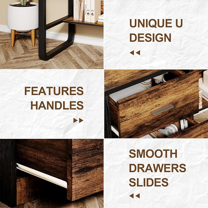 MaverickFurni Small Computer Desk with Drawers, 47 Inch Home Office Desk with 3 Drawers & Bottom Shelves, Study Desk with Storage for Bedroom, Writing and Work, Black and Brown