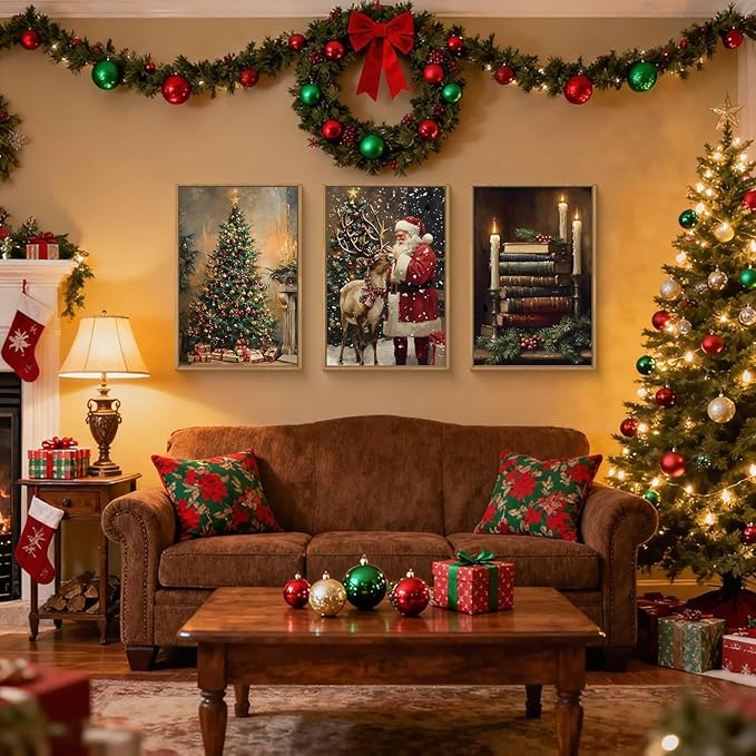 FWIEXA Christmas Santa Claus Reindeer Canvas Wall Art Set 3, Vintage Xmas Pine Tree Framed Prints, Dark Winter Snow Pictures Wall Decor,16x24In Book Bells Candles Artwork for Holiday,Gift,Living Room,Bedroom