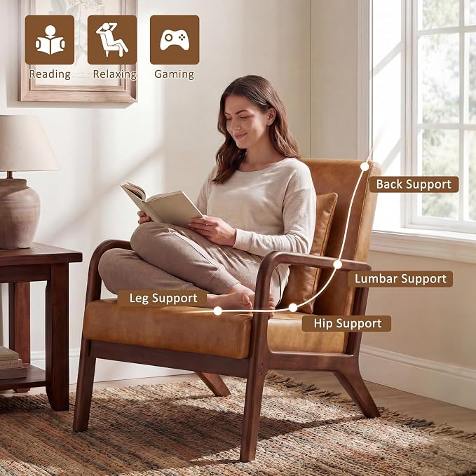 Mid Century Accent Chair, Upholstered Lumbar Pillow Lounge Chair Brown Faux Leather Cozy Leisure Chair Solid Oak Frame Relaxing Retro Living Room Chair for Bedroom Reading Nook