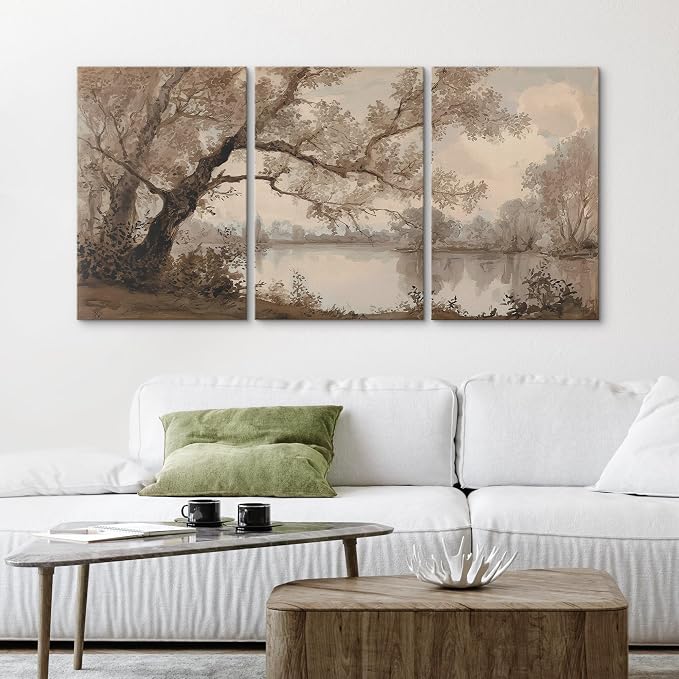 wall26 Canvas Print Wall Art Set Sepia Watercolor Lakeside Tree Landscape Decorative Minimal Relax/Zen for Living Room, Bedroom, Office - 16"x24" x 3