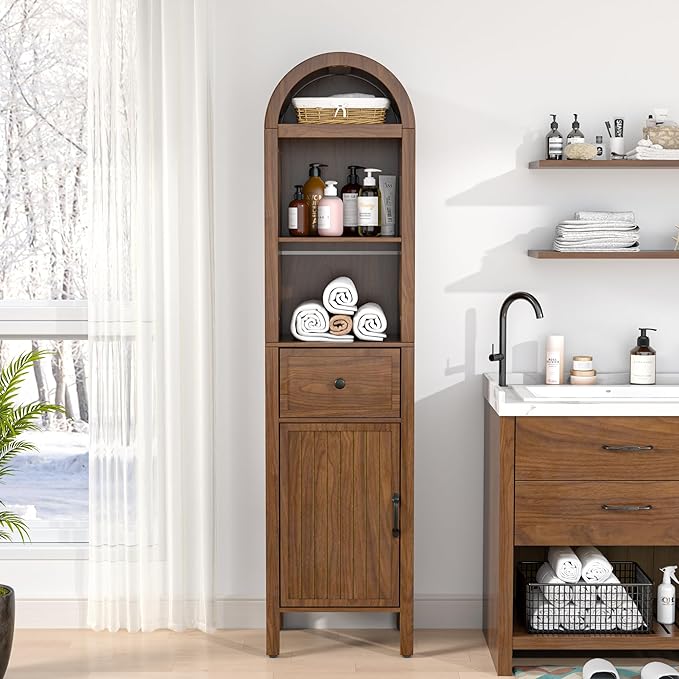 64" Tall Bathroom Storage Cabinet with Adjustable Shelves,Tall Narrow Arched Freestanding Tower Cabinet with Fluted Doors and Drawers,Space Saving Organizer for Bathroom Living Room (Walnut)
