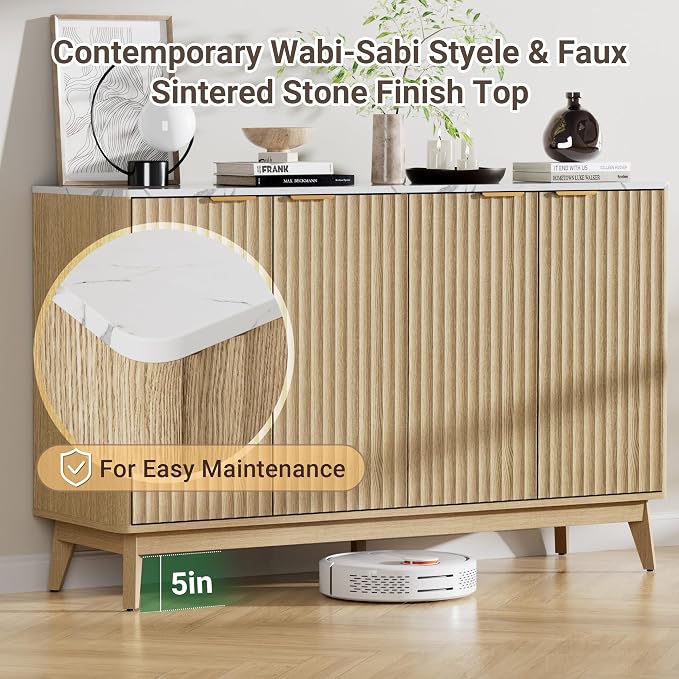 Sideboard Cabinet, 55'' Buffet Cabinet with Faux Marble Top & Adjustable Shelf, Modern Fluted Storage Cabinet, Accent Credenza Sideboard for Kitchen, Living Room, Entryway