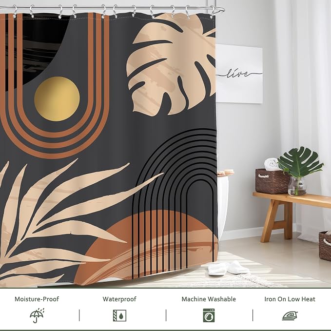 Glawry Black Boho Mid Century Shower Curtain Abstract Beige Leaves Minimalist Simple Aesthetic Arch Sun Modern Bathroom Botanical 60Wx72L Inches Bath Accessories Art Home Decor Fabric 12 Pack Hooks