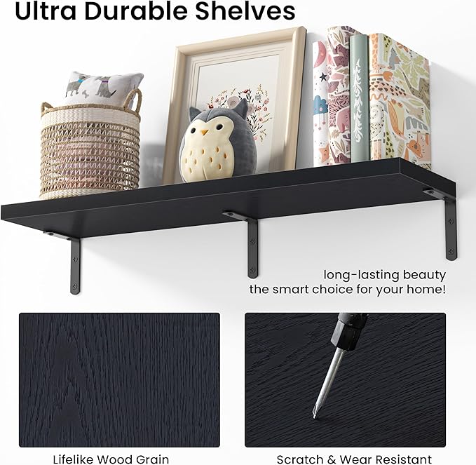 Marsmiles Extra Wide Floating Shelves for Wall, 16x8 Inch Natural Wood Grain Bookshelves, Heavy Duty Mounted Shelving for Bathroom, Kitchen, Living Room, Bedroom,Set of 2，Black
