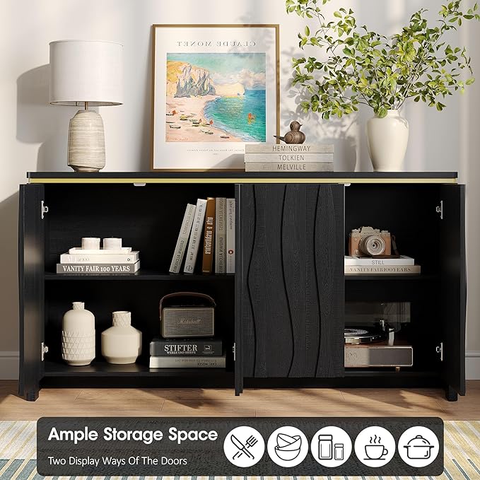 Vabches Fluted Buffet Cabinet with Storage, 3D Ripple Pattern Doors and Curved Edges, Modern Sideboard for Kitchen, Entryway, 4 Doors & Adjustable Shelf, Black, 57.9" W