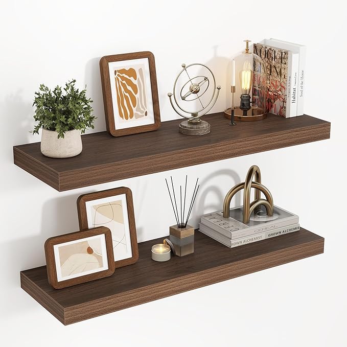 32 Inch Floating Shelves, 3D Textured Wood Grain, 32"x9.25"x1.5" Inch Deep Floating Shelves for Wall, Wooden Shelves for Bathroom, Bedroom, Living Room, Walnut, 2 Pieces