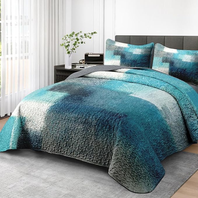 Pamnest Quilt Set Twin Size, Turquoise Grey Painting 2 Pcs Soft Bed Cover Bedding Set for Kids and Adults, Teal Contemporary Gray Lightweight Bedspread Coverlet with Pillow Sham for All Season