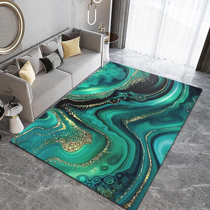 6.6x5.3 Area Rug Abstract Texture Marble Soft Washable Carpet, Emerald Green Gold Marble Texture Upholstery Rug with Non-Slip Backing for Kids Boys Girls Bedroom Living Room Dining Room Study