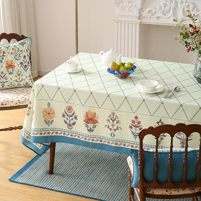 ISAENNE Designer Linen Floral Table Cloth for Rectangle Table,Light Green Farmhouse Durable Tablecloth,Washable Decor Tablecloths for Dining Kitchen Thanksgiving Christmas,55"*79"-Floralsea B