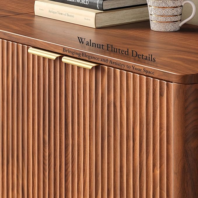Evermagin 126" Walnut Buffet Cabinet with Storage, Large Sideboard Cabinet, Mid Century Modern Accent Credenza, Fluted Console Table with Doors for Dining Room, Kitchen, and Living Room