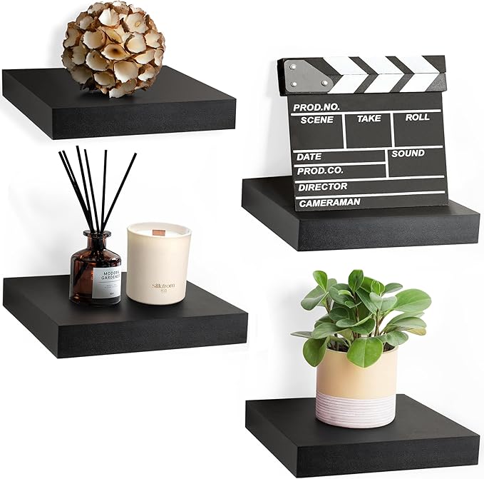 Sorbus 9X9 Inch Floating Shelves for Wall – Square Floating Shelf with Invisible Mounting Bracket for Kitchen, Bedroom, Living Room & Bathroom Decor – Rustic Showcase Wall Shelf (Black, 4 Pack)