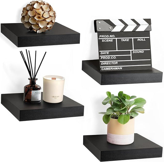 Sorbus 9X9 Inch Floating Shelves for Wall – Square Floating Shelf with Invisible Mounting Bracket for Kitchen, Bedroom, Living Room & Bathroom Decor – Rustic Showcase Wall Shelf (Black, 4 Pack)