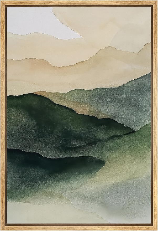 SIGNLEADER Framed Canvas Print Wall Art Watercolor Landscape Green and Beige Mountain Hills Illustration Modern Art Decorative Nordic Zen for Living Room, Bedroom, Office - 16"x24" NATURAL