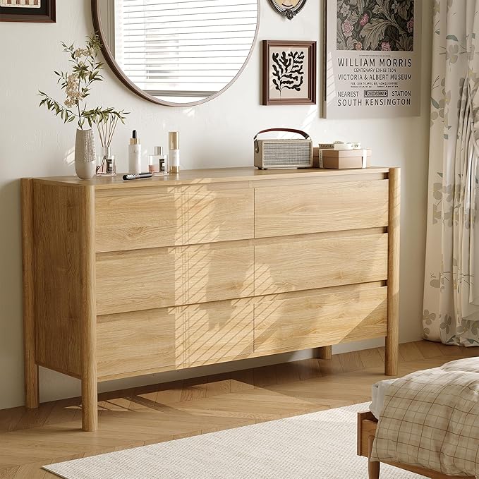 Dresser for Bedroom,6-Drawers,47" Wide Farmhouse Large Dressers & Chest,4 Solid Wood Legs,TV Stand, Storage Organizer Furniture for Bedroom(Oak)