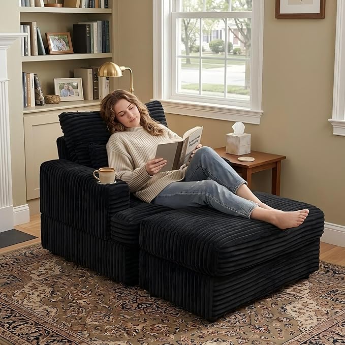 Eafurn 39" Corduroy Modular Accent Chair with Movable Ottoman, Comfy Living Room Armchair with Cup Holder, Soft Upholstered Wide Single Lounge Chaise Chair for Bedroom, Office or Reading Nook