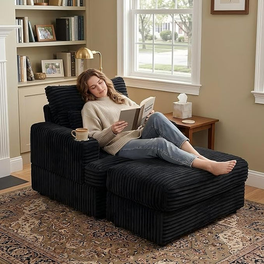 Eafurn 39" Corduroy Modular Accent Chair with Movable Ottoman, Comfy Living Room Armchair with Cup Holder, Soft Upholstered Wide Single Lounge Chaise Chair for Bedroom, Office or Reading Nook