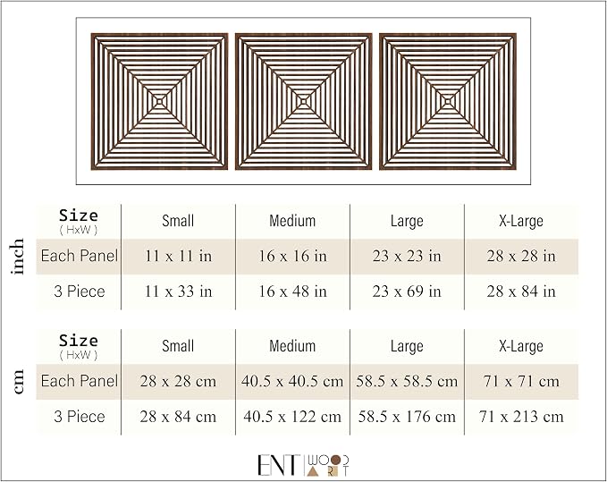 Square Wood Wall Art Triptych, Mid Century Modern Minimalist Wooden Decor, Large Optical Geometric Art Deco Panels, Abstract Home Gift for Living Room and Bedroom