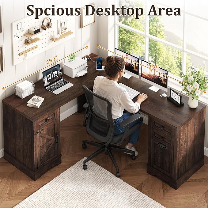 Squireewo 68.9'' Farmhouse L Shaped Desk with Drawers, Wood Executive Home Office Desk with Charging Station, File Drawers and Storage Cabinet, Computer Corner Desk for Work, Study and Writing, Brown