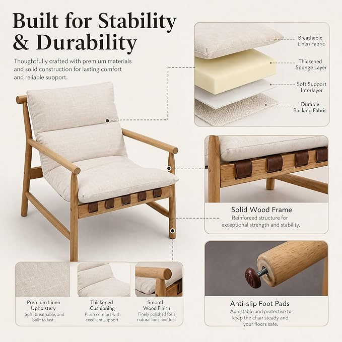 Linen Accent Chair Set of 2 Mid Century Modern Living Room Chairs Comfy Arm Chair with Solid Wood Frame Upholstered Lounge Reading Chair Cozy Recliner for Bedroom/Guest Room, Beige…