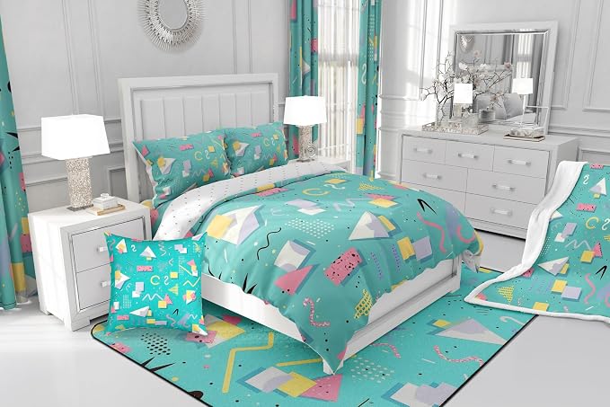 Memphis Style Duvet Cover Full Abstract Colorful Design with Dots Funky Bedding Set for Kids Child Girls Vintage Eighties Comforter Cover Memphis Fashion Bed Sets 80'S Style Retro 1980s Home Decor