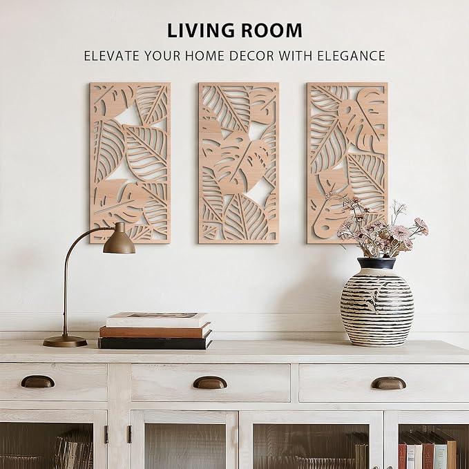 VIYYIEA Boho Solid Wood Carved Wall Art Set of 3, Geometric Minimalist Wooden Home Decor Panels, Handcrafted Solid Wood Wall Hanging for Living Room Bedroom Hallway, 16 x 8 Inch Each (Leaves Oak)