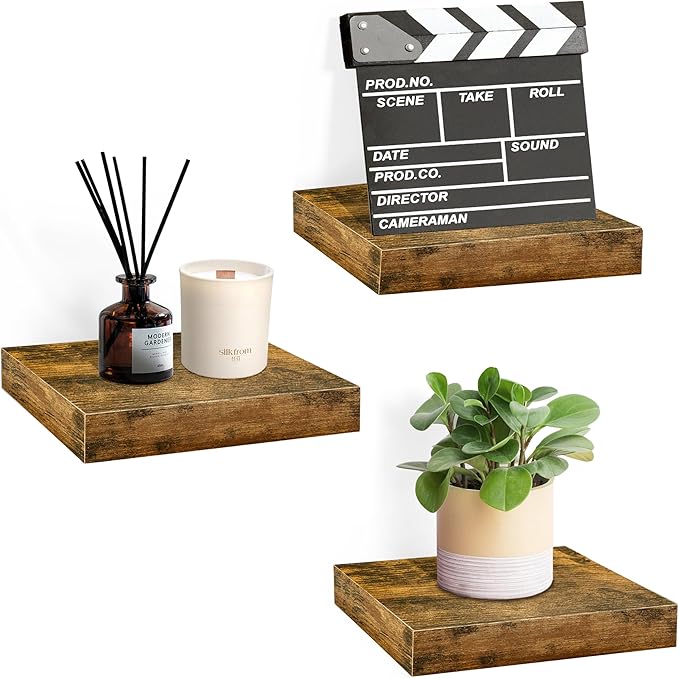 Sorbus 9X9 Inch Floating Shelves for Wall – Square Floating Shelf with Invisible Mounting Bracket for Kitchen, Bedroom, Living Room & Bathroom Decor – Rustic Showcase Wall Shelf (Walnut, 3 Pack)