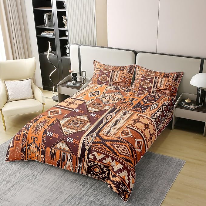 100% Cotton Native American Duvet Cover Twin Traditional Bedding Set Tribal Ethnic Grunge Vintage Aztec Comforter Cover Brown Yellow Indian Bedroom Decor Abstract Geometric Quilt Cover for Adult Man