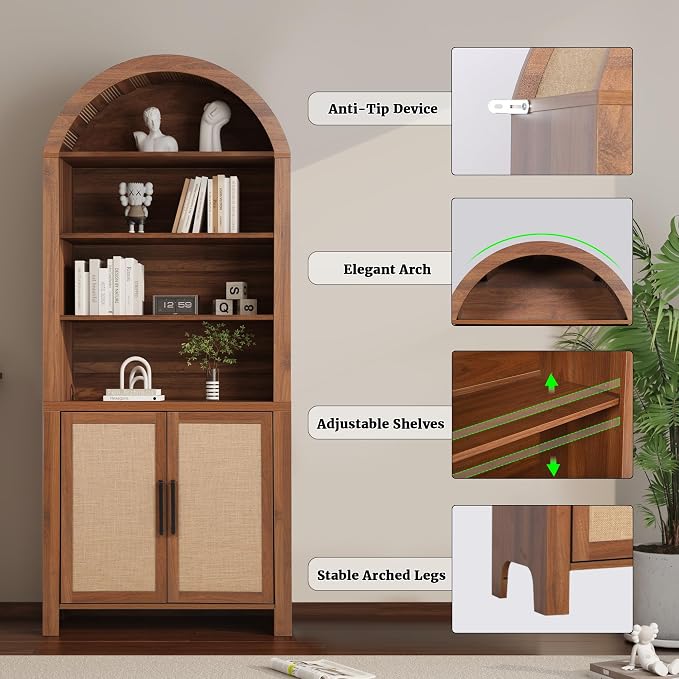 Janmer Home 71" Tall Arched Bookcase with Storage, Modern 6-Tier Cabinet with Door, Arched Bookshelf Cabinet with Open Display Storage Shelf for Living Room (Walnut,)