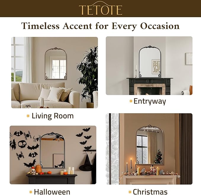 TETOTE Silver Arched Mantle Fireplace Mirror 30 x 36 Vintage Antique Silver Traditional Baroque Ornate Arch Mirror for Bathroom Living Room Bedroom, French Cleat Mount