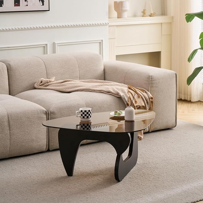 35.8'' Modern Brown Glass Coffee Table with Geometry Base, Triangle Shape Coffee Table for Living Room Office, Black Finish Wood Base, Mid-Century Style Cocktail Center Table for Small Space