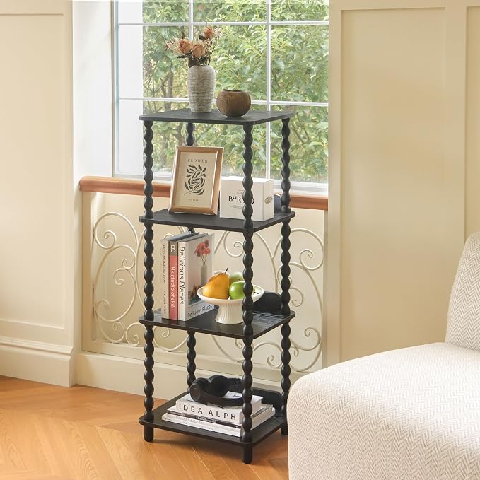 Fultyle Book Shelf, 4-Tier Bookshelf with Storage, Small Bookcase Display Shelves with Solid Wood Legs for Bedroom, Living Room, Office and Small Spaces (Black)
