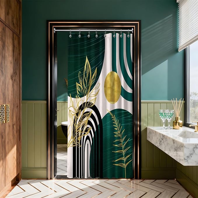 Dark Green Shower Curtain Boho Mid Century Modern Emerald Hunter Green and Gold Shower Curtains for Bathroom Decor, Waterproof Cloth Fabric with Hooks, 48" W x 72" L