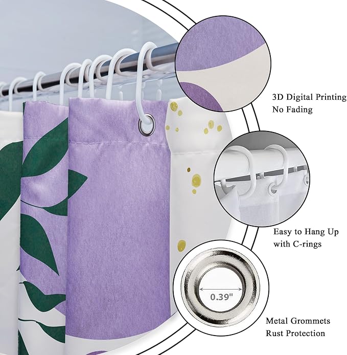Riyidecor Purple Boho Modern Shower Curtain for Bathroom Decor 72Wx72H Bohemian Leaves Mid Century Eucalyptus Arch Line Art Printed Fabric Polyester Waterproof 12 Pack Plastic Hooks