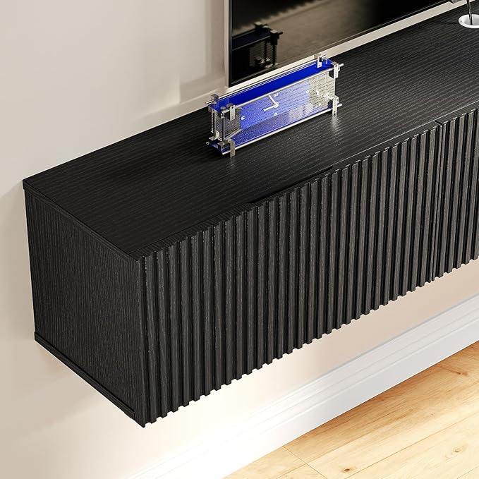 Floating TV Stand with 3 Doors,47IN Wall Mounted TV Cabinet,Slatted Floating Media Console Entertainment Center with Storage,Under TV Shelf for Bedroom Living Room,Black