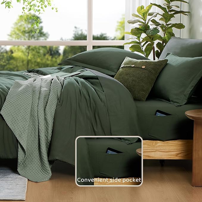 WRENSONGE California King Size Comforter Set- 7 Pieces Deep Green Bed in a Bag with Comforter, Fitted Sheet, Flat Sheet, 2 Pillow Shams, 2 Pillowcases, Warm Bedding Sets for All Season