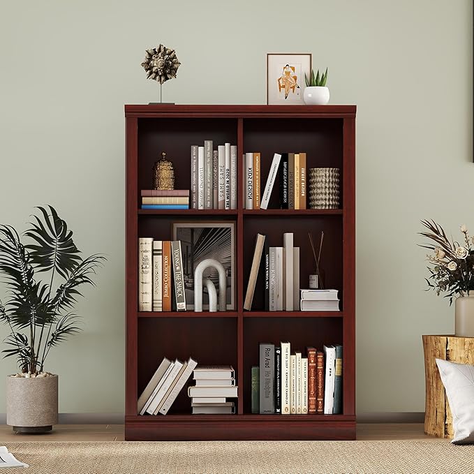 Bevfint Vertical 6-Cube Bookshelf - 3-Tier 6 Cube Storage Organizer, Open Bookcase and Book Shelves, 30 inch Width Wooden Book Case for Home Library Office, Mahogany
