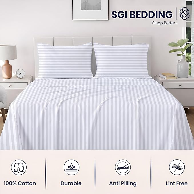 SGI bedding RV Short Queen Sheet Set 60x75, 600 TC Egyptian Cotton, 4 Piece Luxury Hotel Collection, Ultra Soft & Breathable, Fits RV Mattress Camper & Trailer, 15 Inch Pocket, White Stripe