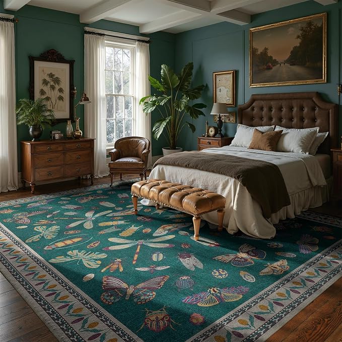 DCX 8x10 Washable Insect Rug, Vintage Gothic Deep Teal Rug with Non-Slip Rubber Backing, Soft Low-Pile, Stain-Resistant, Kid & Pet Friendly, for Living Room, Bedroom, Office, and Nature-Themed Decor