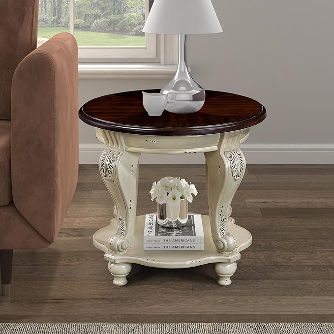 JIJIWANG Retro Oval End Table with Buttom Shelf for Small Space Solid Wood Round Sofa Table with Antique Carved Legs, Beige