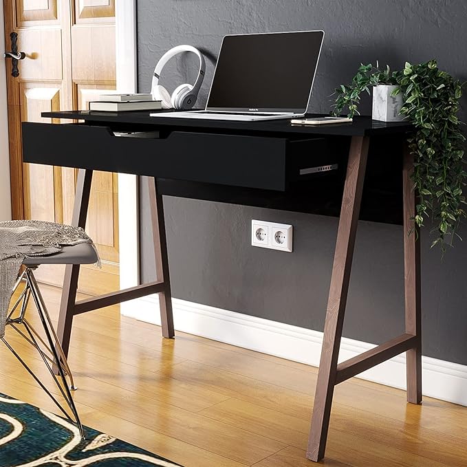 Modern Design Parma Small Desk for Bedroom, Black 42 Inch Writing Desk with Drawer, by Crafts and Comfort