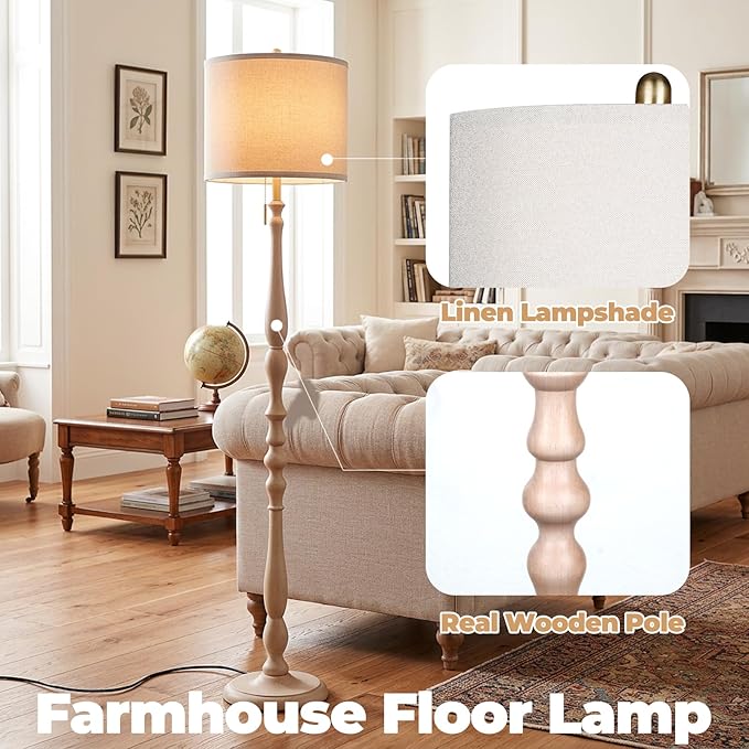 Wood Floor Lamp for Living Room,Farmhouse Standing Lamp with Remote & Dimmable 9W Bulb, Mid Century Standing Tall Lamps for Bedroom Corner Floor Lamps for Nursery, Office, Reading (Antique White)