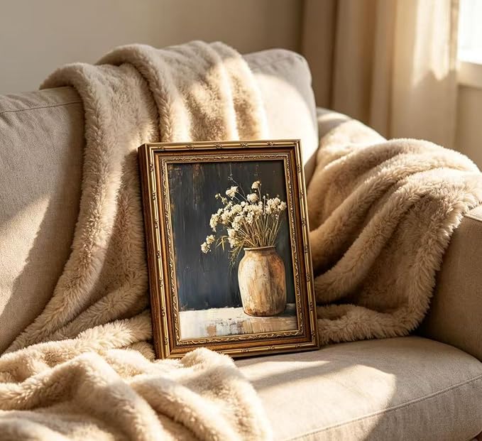 Vintage Gold Framed Wall Art,Fall Dried Flowers Antique Vase Country Oil Painting Canvas Prints,Dark Moody Rustic Farmhouse Floral Still Life Picture,for Living Room Bedroom Shelf Decoration, 9x11in