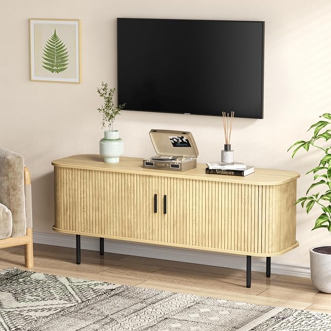 55''W Storage Cabinet, Fluted Sideboard Buffet Cabinet with Storage, Console Table Credenza with Tambour Slatted Sliding Doors and Shelves, Modern TV Stand for Living Room, Kitchen, Entryway, Natural