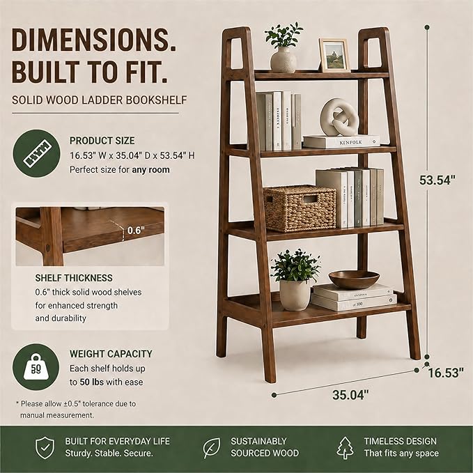 100% Solid Oak 4 Tier Ladder Shelf, Small Bookshelf, Ladder Bookshelf, Bookcase with Stable Frame, Small Table for Living Room Bedroom (Walnut, 35.04" D x 16.53" W x 53.54" H)