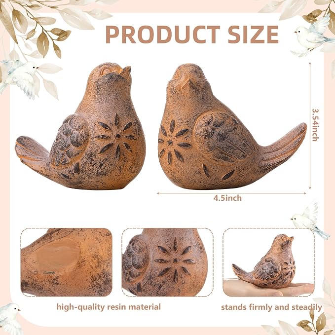 Blulu 2 Pcs Bird Figurines Home Decor Resin Bird Statue Vintage Farmhouse Decoration Boho Animal Decorative Sculpture Gifts for Home Table Office Shelf Tabletop Accents(Rust,Retro)
