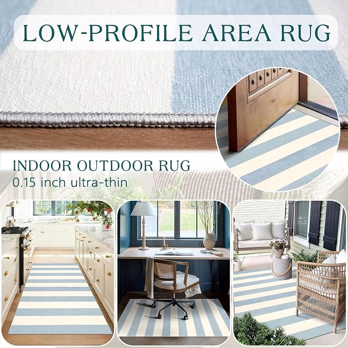 3x5 Entry Rug - Small Washable Indoor Outdoor Mats for Front Door Non-Slip Porch Rug Summer Blue White Coastal Striped Throw Rugs for Bedroom Entryway Kitchen Office Mudroom Front Porch Decor
