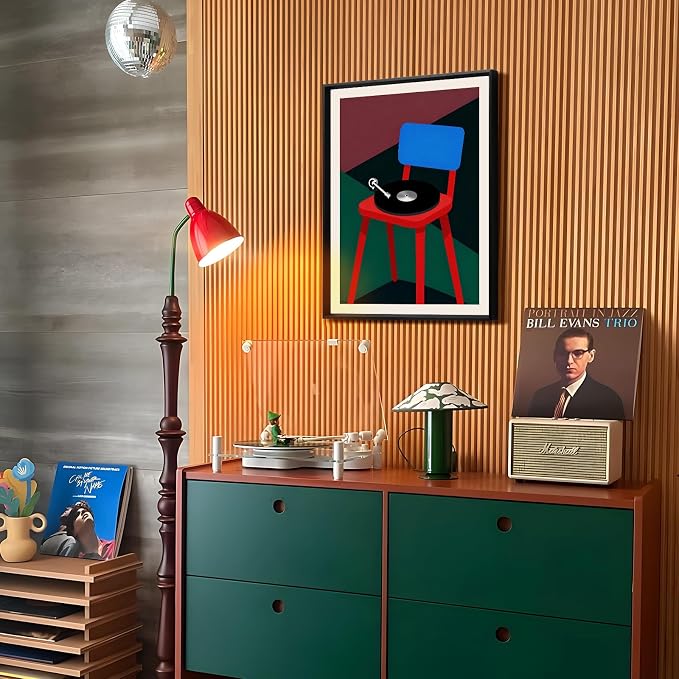 Framed Abstract Music-Inspired Wall Art for Living Room, 12x16 Inch Modern Chair and Vinyl Print, Minimalist Geometric Artwork with Matte Black Metal Frame, Bedroom Office Decor
