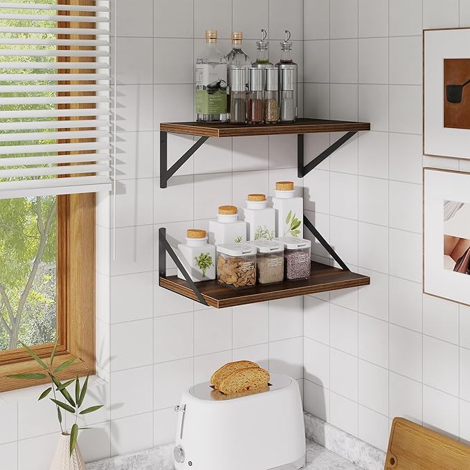 Floating Shelves for Wall,18" Wall Mounted Shelves Set of 2,Wood Floating Shelf with Bracket,Sturdy Metal Bracket Bookshelves Home Decor Storage for Living Room,Bedroom,Bathroom,Kitchen,Walnut
