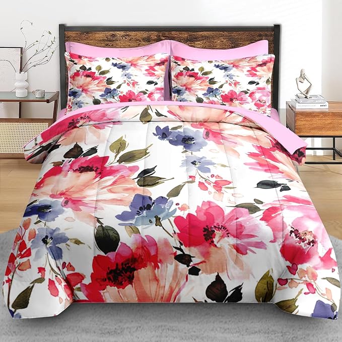 Pamnest Comforter Set Queen Size, Flower Floral Leaf 7 Pcs Bedding for Kids and Adults, Painting Summer Spring Bed Sheet Sets with Fitted Sheet 2 Pillowcases & 2 Shams for Bedroom Bed Decor